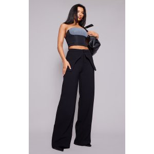 PrettyLittleThing Black High Waisted Peplum Detail Straight Leg Pants