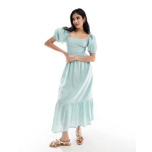 ASOS DESIGN cotton textured midi dress with lace up back in sage