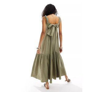 ASOS DESIGN double cloth shirred button up tie back maxi dress in sage