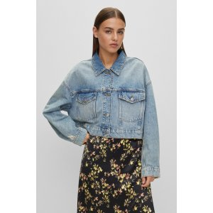HUGO Cropped jacket in blue rigid denim with rhinestone detail