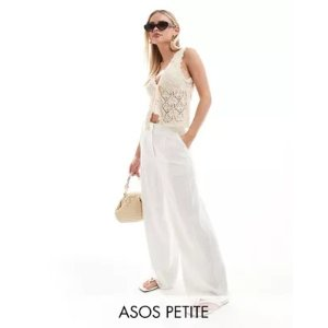 ASOS DESIGN Petite high waist seam detail linen mix pants in white