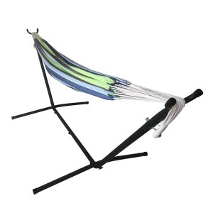MAINSTAYS Blue Striped Hammock with Metal Stand, Portable Carrying Case, Blue Color