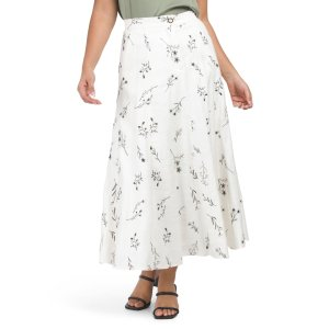 Linen Blend Embroidered Midi Skirt