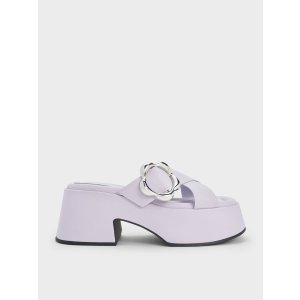 Charles & Keith Flower-Buckle Crossover Platform Mules - Lilac