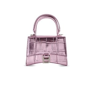 Balenciaga Women's Hourglass Mini Handbag With Chain Metallized Crocodile Embossed in Pink