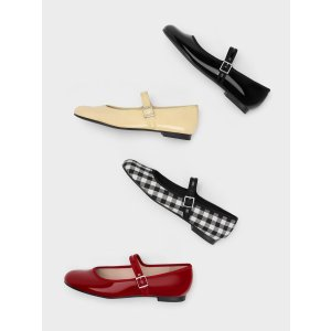 Charles & Keith Patent Buckled Mary Jane Flats - Red