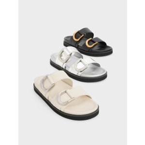Charles & Keith Gabine Buckled Leather Slides - Black