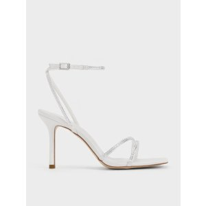 Charles & Keith Satin Crystal-Embellished Stiletto-Heel Sandals - White
